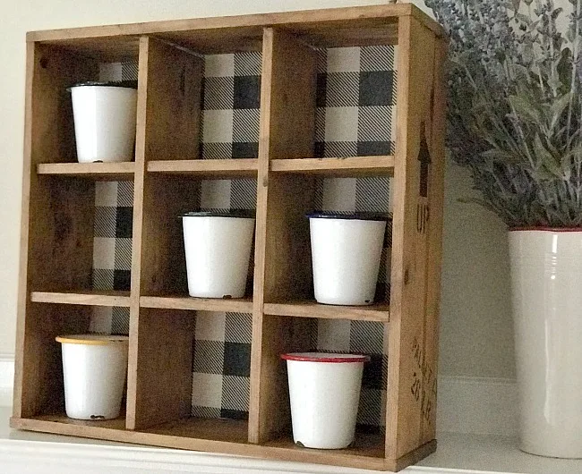 Buffalo check stenciled cubbie shelf