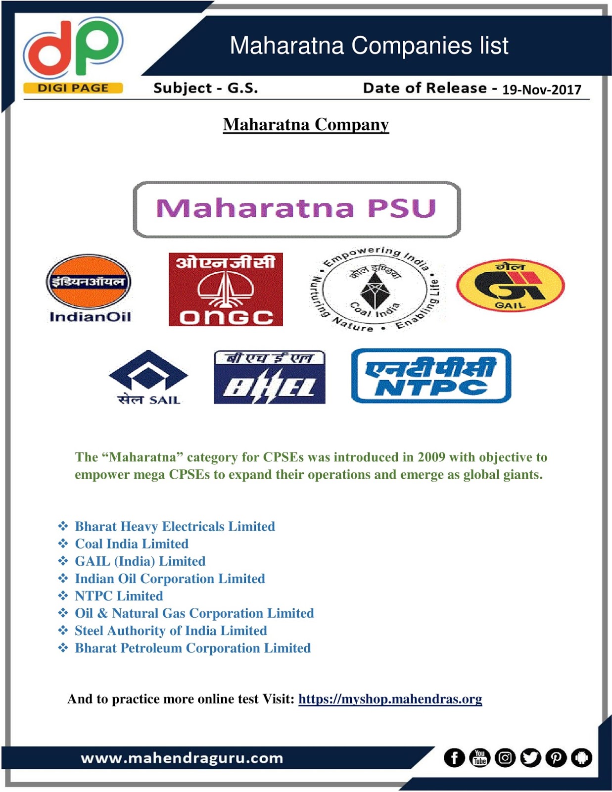 DP Maharatna Companies List 19 11 17