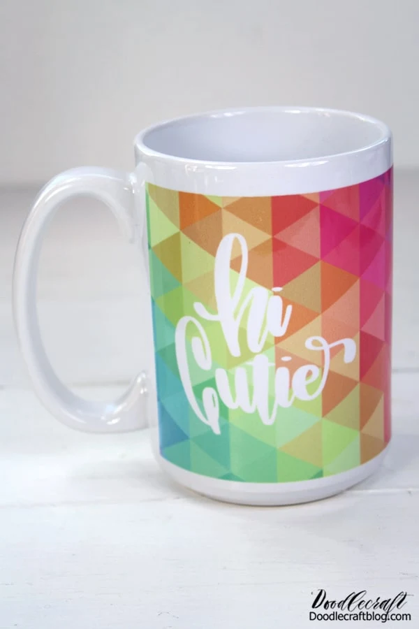 Use a sublimation mug and Cricut infusible ink for the perfect handmade gift. Hi Cutie! I wanted to wrap the entire mug and leave some negative space with my hand lettering. I love how it turned out!