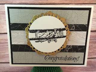 This masculine card uses Stampin' Up!'s Sale a Bration stamp set Sky is the Limit - available only through Feb 15, 2016, and only FREE with a $50 purchase!  The card also uses the World Map background stamp, Going Places Designer Paper, and the Metallic Doilies.  www.stampwithjennifer.blogspot.com