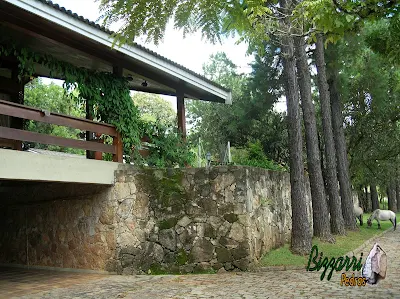 Muro de pedra na parte inferior e nas paredes da garagem da casa com os guarda corpos de madeira no terraço da casa em sítio em Bragança Paulista-SP com o calçamento de pedra paralelepípedo.