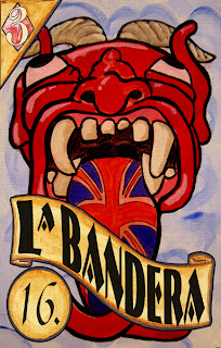 A British flag is seen as the tongue of a devil with fangs in this painting of the loteria card "The Flag"