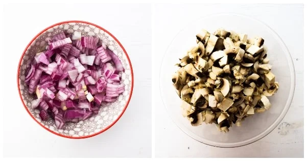 A bowl of finely chopped red onion and a bowl of chopped mushooms