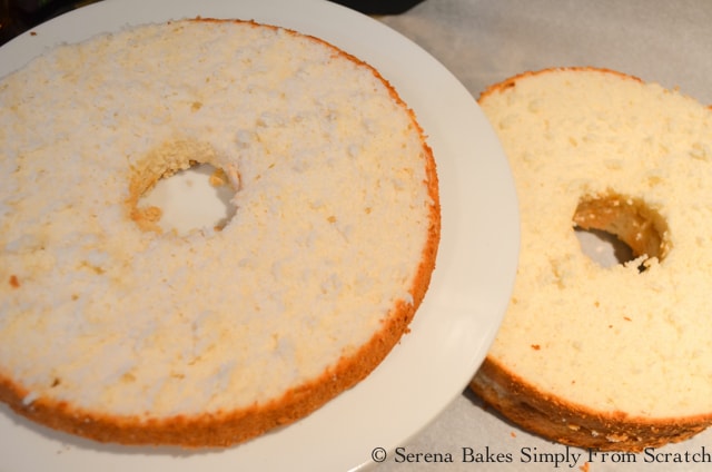 Slice Angel Food Cake into 3 layers for Tiramisu Cake recipe.