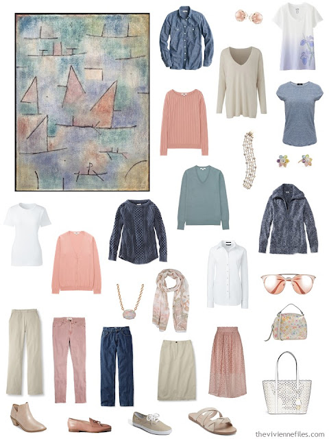 a sixteen-piece 4 by 4 Wardrobe in khaki, denim, white, and pastels a sixteen-piece 4 by 4 Wardrobe in khaki, denim, white, and pastels
