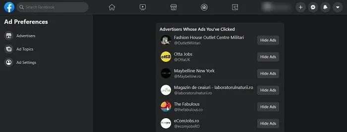 النشاط الإعلاني Facebook Desktop Ad Preferences
