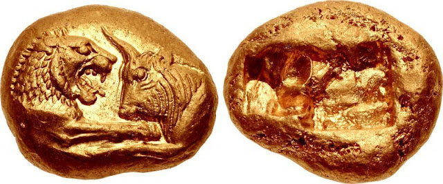 Золотой статер Крёза с изображением льва и быка. 16 мм, вес 10,76 г. Около 550 года до н.э.