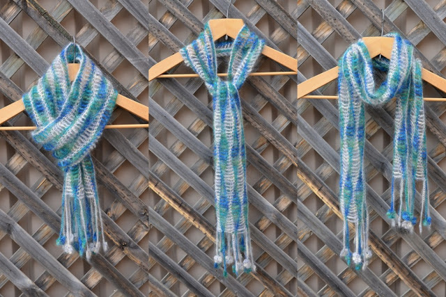 Sea Garden scarf against a weathered wooden trellis, hanging on coathanger three different ways: folded and threaded, simple knot, neck wrap.