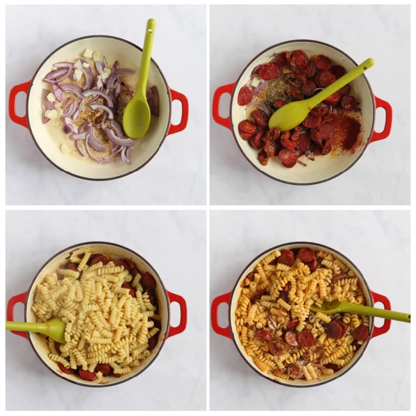 Step by step photo instructions for making chilli chorizo pasta