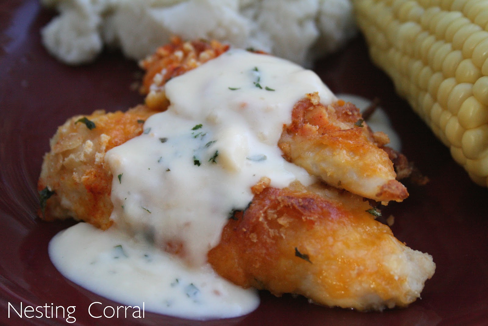 The Nesting Corral Cheddar Oven Fried Chicken with Cheesy Herb Sauce