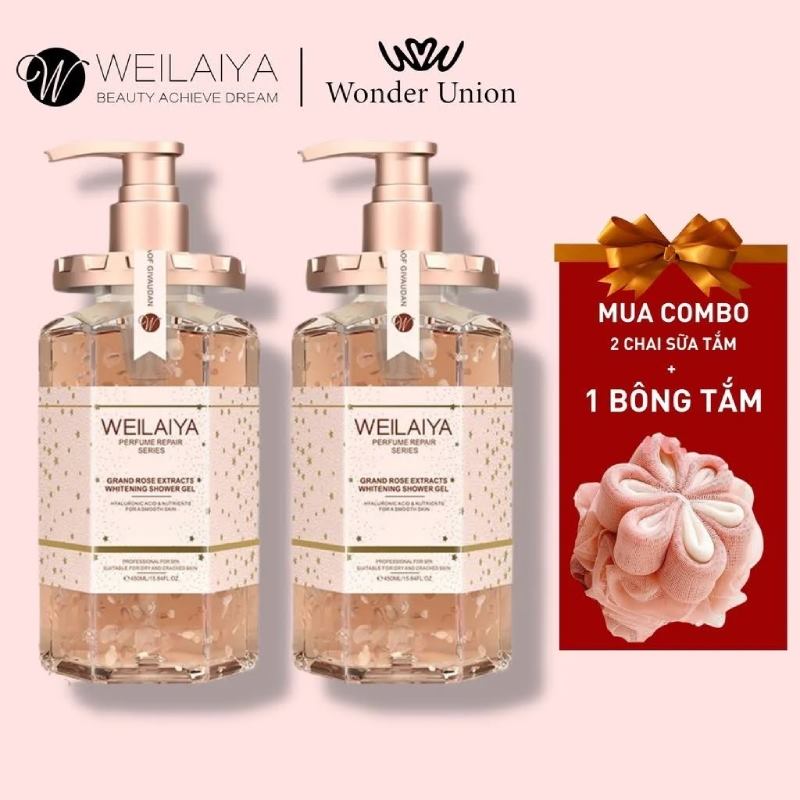 Weilaiya MUA 2 Sữa tắm trắng da tủy mật hoa hồng TẶNG Bông tắm cao cấp