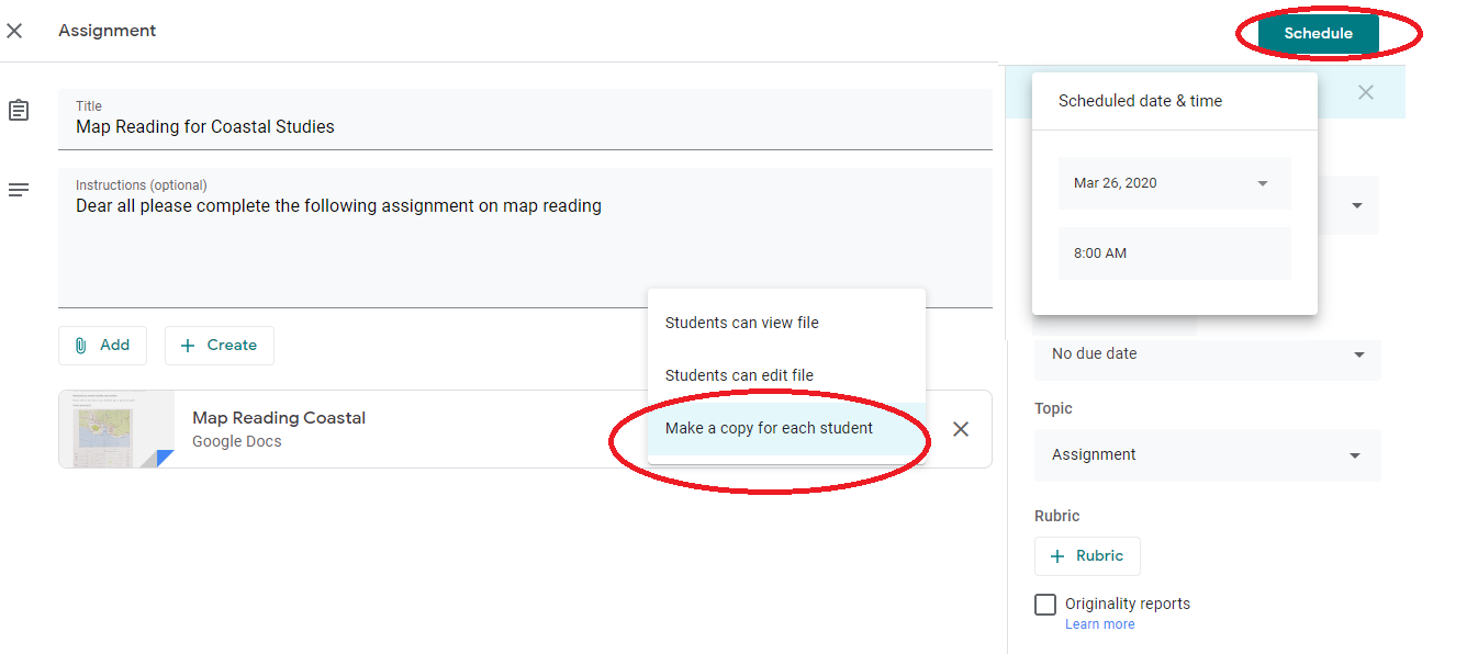 Schedule assignments in google classroom picture