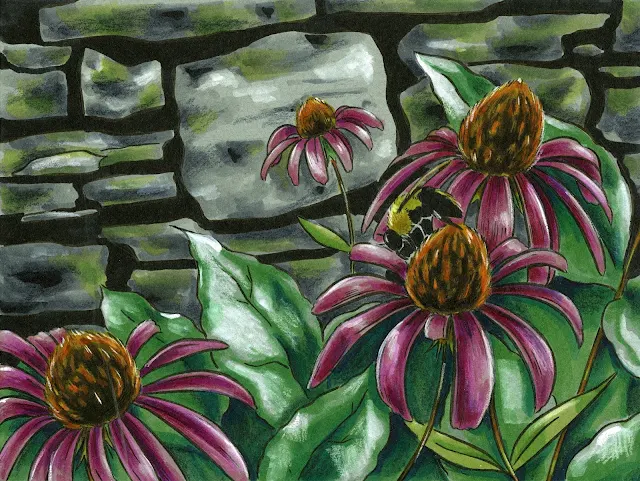 Illustration of bee and coneflowers in Copic marker