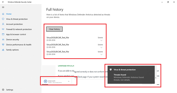 Résultat du test antivirus EICAR Testfile