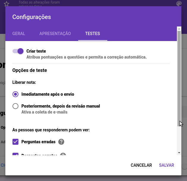 Configurações > Testes