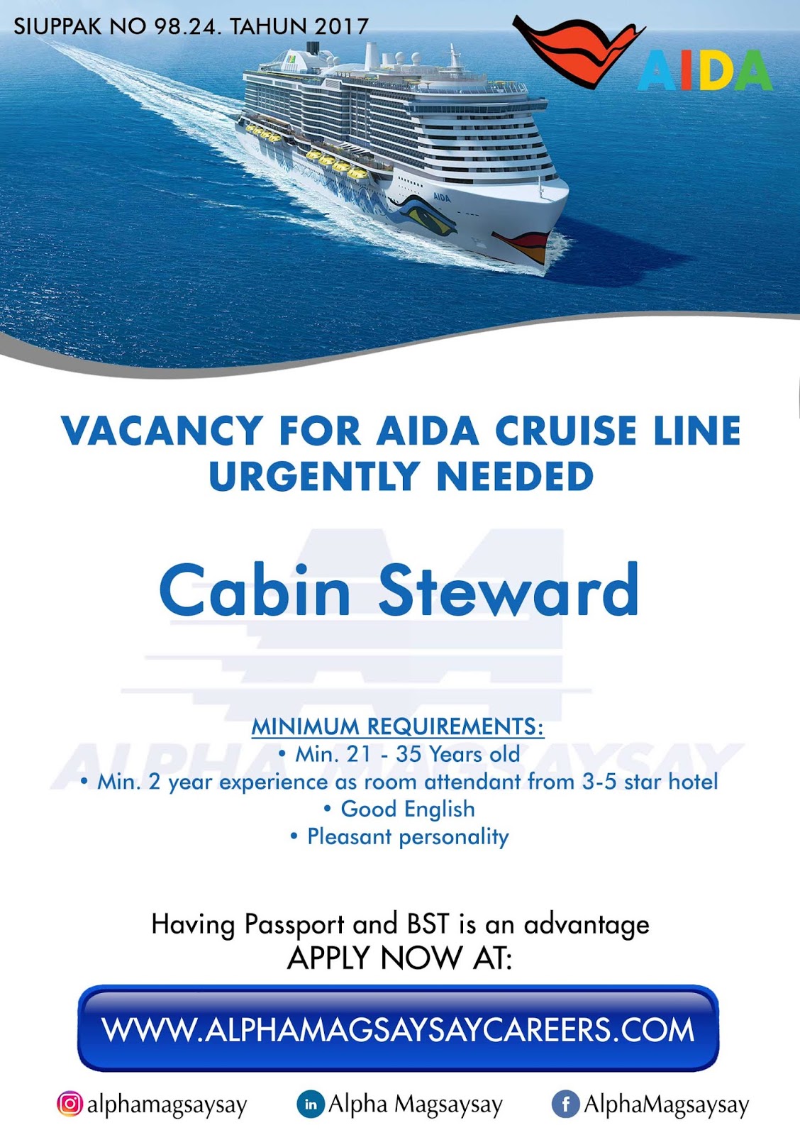 Alpha Magsaysay 2020 Cabin Steward For Aida