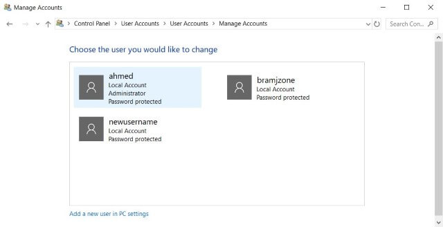 تغير الحساب من control Panel