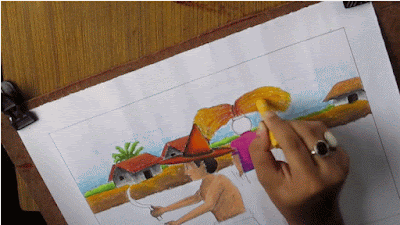 Menggambar pemandangan desa saat petani memanen padi di ladang Tutorial menggambar pemandangan desa saat petani memanen padi di ladang