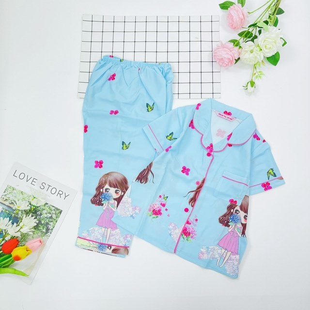 ĐỒ BỘ TRẺ EM PIJAMA LỤA SATIN THIẾT KẾ TAY NGẮN QUẦN DÀI SIZE 7 (16-17KG)