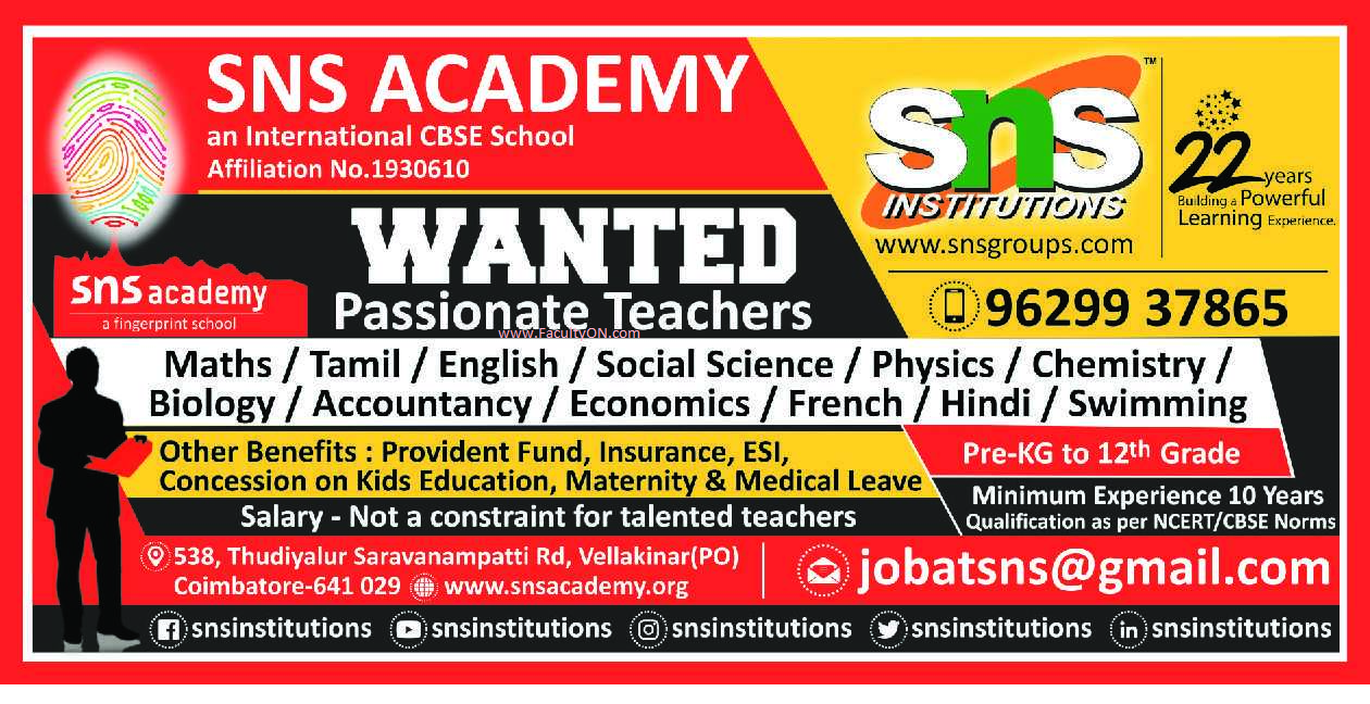 SNS Academy Coimbatore Teachers Job Vacancy Faculty Teachers