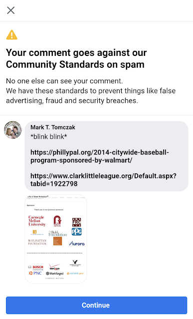 "Your comment goes against our Community Standards on spam." Comment is "*blink blink*", then two links and an image of several corporate logos.