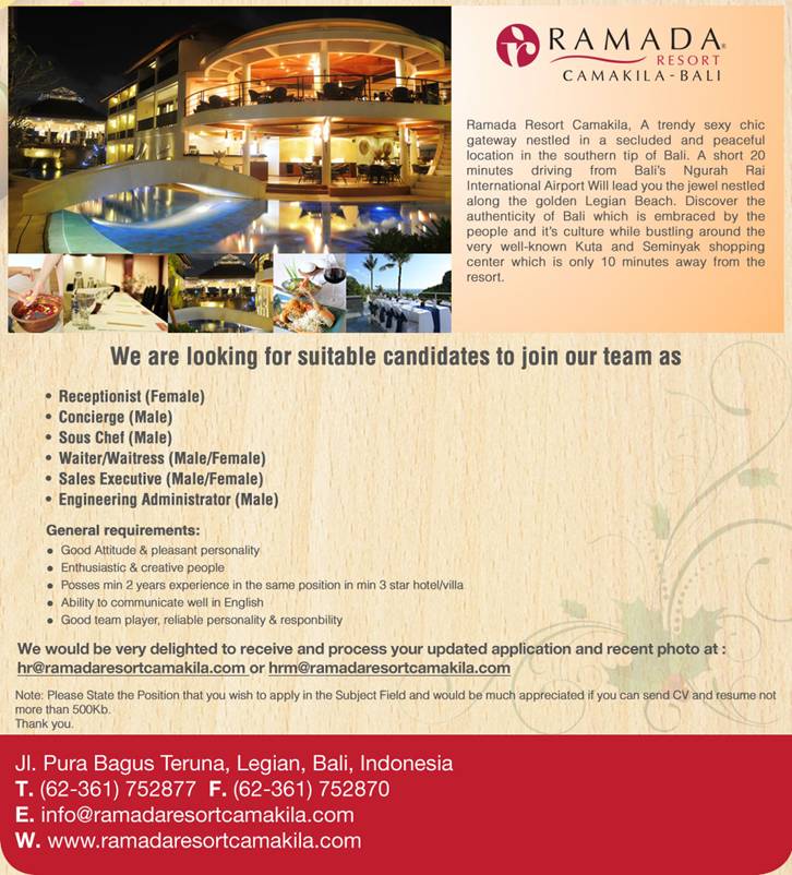 Job Opportunity at Ramada Camakila Bali 2013