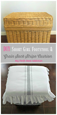DIY Short Girl Footstool with Grain Sack Stripe Cushion