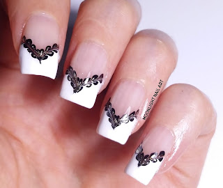 French Manicure with Black & Gold Drag Marble Decoration