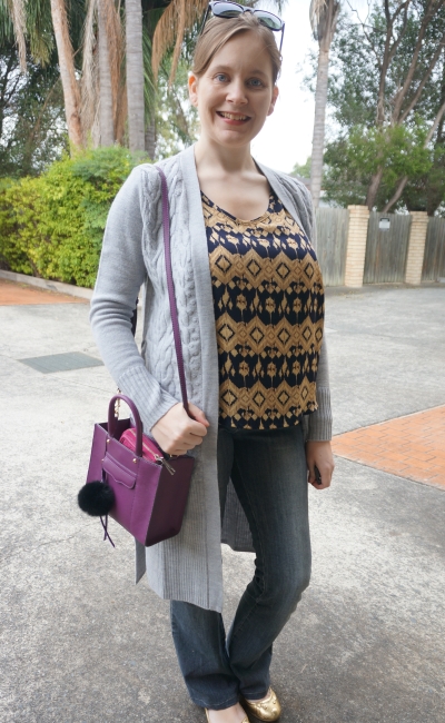 Away From Blue | Aztec Print tank, flares, gold mouse flats, wool cardi autumn SAHM style