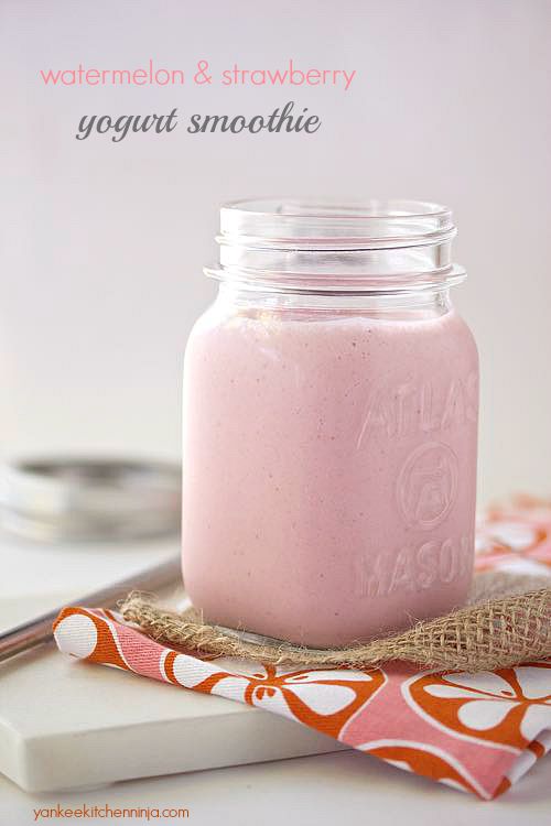 watermelon and strawberry yogurt breakfast smoothie