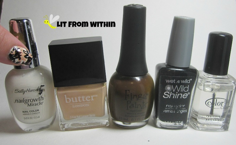 Bottle shot:  mixed white, Butter London Shandy, Finger Paints Sketchy Character, Wet 'n Wild Black Creme, Color Club clear