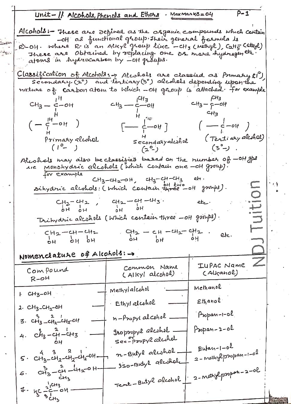 Alcohols , Phenols and Ethers Handwritten Notes for 12th Class Chemistry
