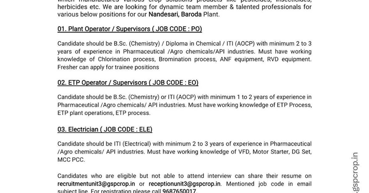 JOB ALERTS HUB WalkIn Interviews for Plant Operator / ETP Operators