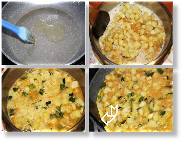 TORTILLA DE PATATAS CON PIMIENTO Y CALABACÍN (Mª JOSÉ) {TURECETA EN MIS FOGONES}PASO A PASO