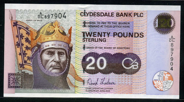 Clydesdale Bank money 20 Pounds Sterling banknote Robert the Bruce