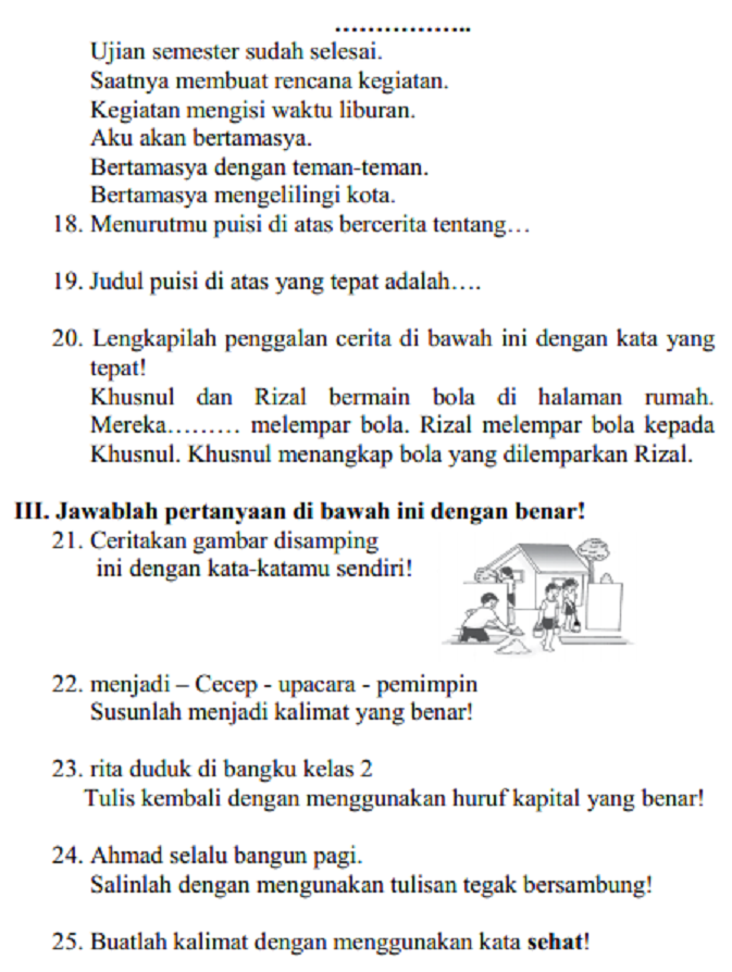 Soal UAS Bahasa Indonesia Kelas 2 SD/MI Semester 1