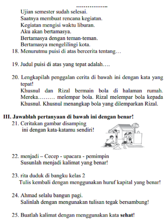 Latihan Soal PAS Bahasa Indonesia Kelas 2 SD/MI Semester 1