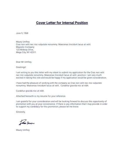 Internal Job Position Cover Letter Example | Sample Letter