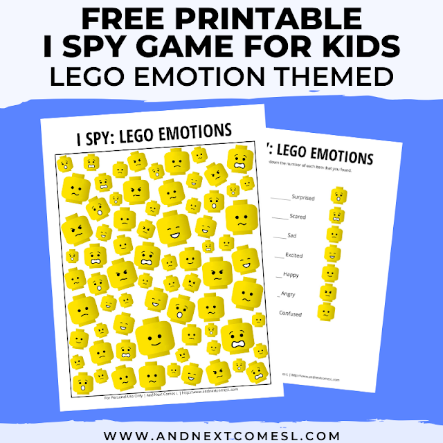 Free I spy game printable for kids: LEGO emotions themed