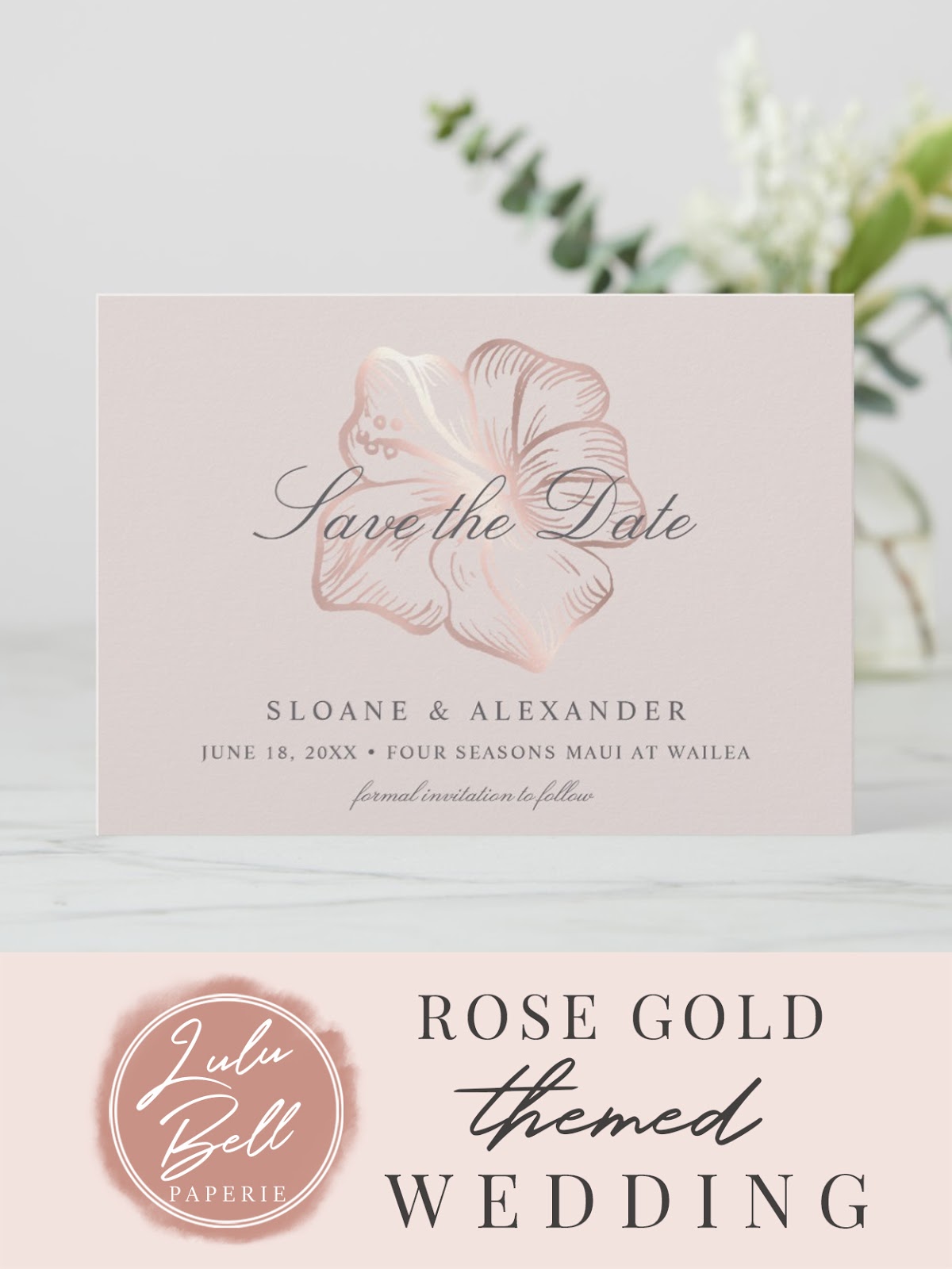 Elegant Rose Gold Hibiscus Wedding Save the Dates