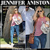 Jennifer Aniston in pink top, blue leggings and brown bucket bag in LA on July 26