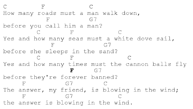 Første vers af Blowing in the Wind med akkordangivelser i C-dur