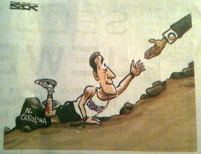 Political cartoon of a guy in running clothes labeled equality who has tripped on a rock while running uphill. An arm with an Obama campaign logo reaches down to give him a hand up