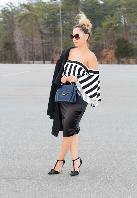 black and white stripes off the shoulder top