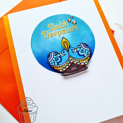 Crafty Meraki Happy Diwali stamp set, crafty Meraki sparkle embellishments Diya card fpr Diwali, Diwali crafts, Quillish