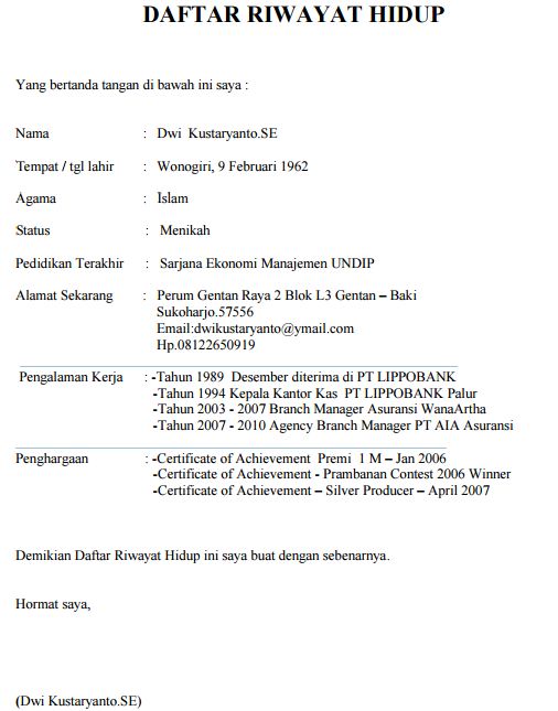 Contoh Daftar Riwayat Hidup Persyaratan Surat Lamaran Kerja