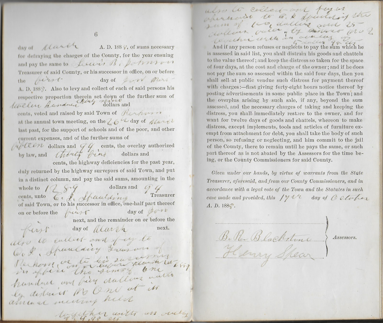 Heirlooms Reunited 1888 Collector's Tax Book, kept by Bowdoin Read Blackstone for Perham