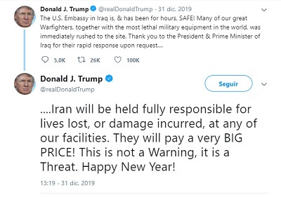 Donald Trump advierte a Irán Donald Trump: Irán 'pagará precio muy alto' si se pierden vidas en instalaciones de Estados Unidos