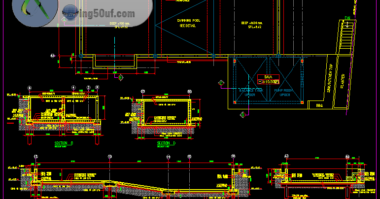 مخطط تسليح حمام سباحة 2 اوتوكاد dwg
