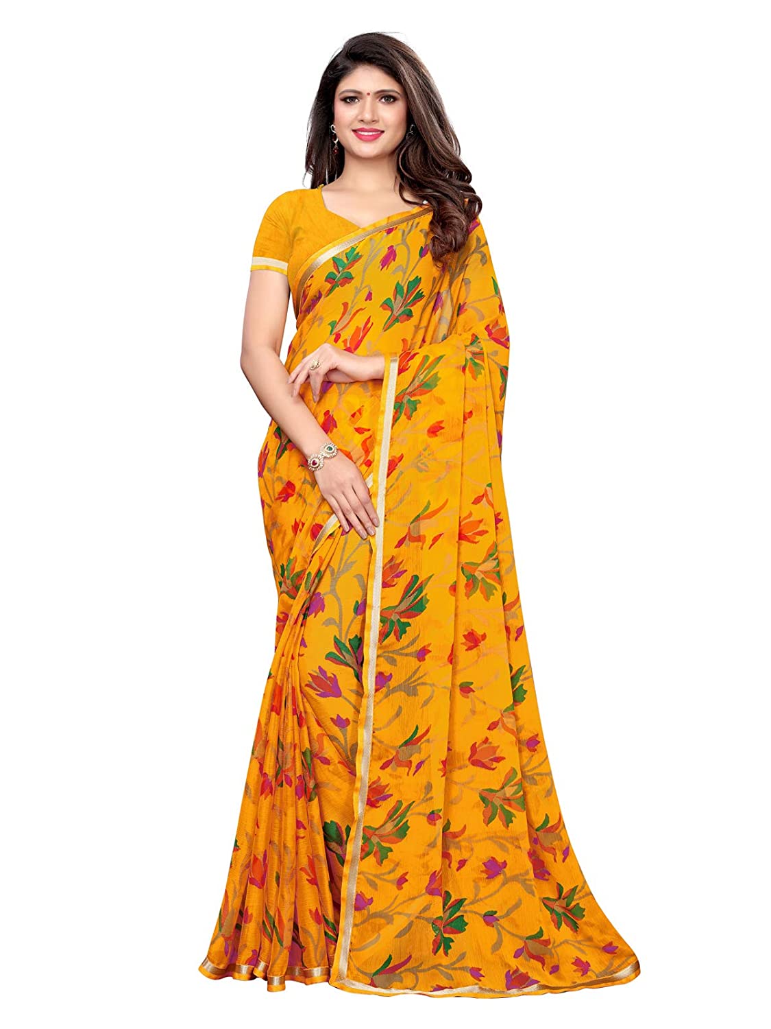 Amazon plain pure chiffon sarees with zari border and designer blouse